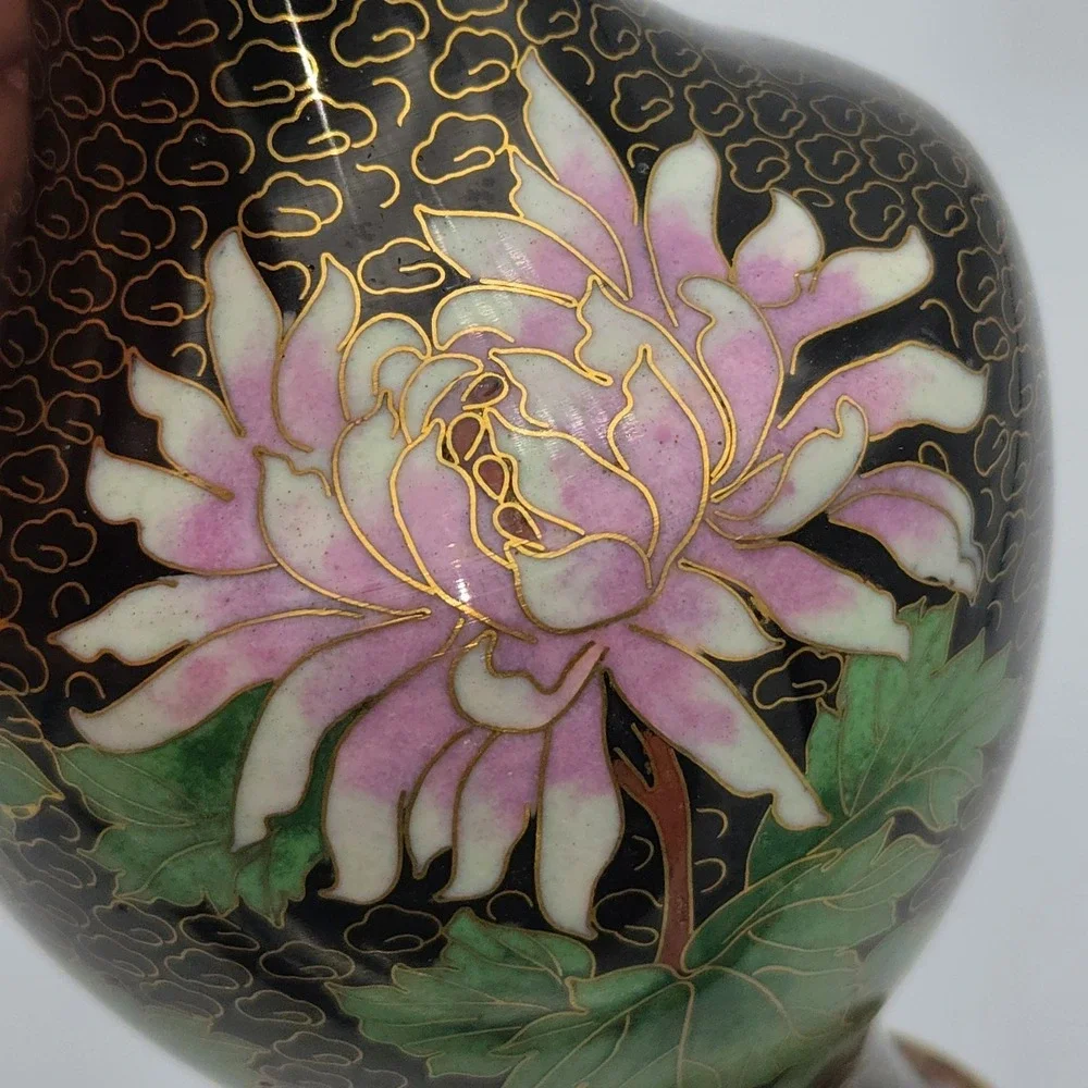 Chinese Cloisonne Bud‎ Vase Black Pink Floral Clouds Enamel Brass MCM 6.25